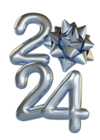 Modern Style silver 2024 3D render balloon text with ribbon ball png