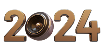 Modern Style bronze 2024 3D render text with loud speaker png
