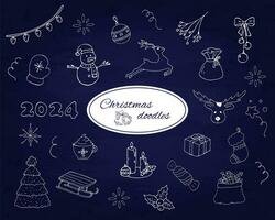 Christmas elements in doodle style. Objects and elements related to New Year celebrations such as fireworks, Christmas tree, Santa Claus, Deer, Snowflake, etc. Isolated on blue chalkboard. vector