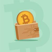 ilustración de un bitcoin con un digital billetera en un verde antecedentes vector