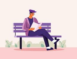 escena de un hombre sentado en un parque banco leyendo un periódico vector