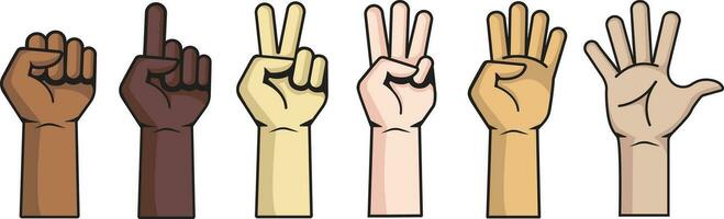 Isolated hands counting from zero to five. Set of palm cartoon with different finger positions. Different gestures made with hand. hands of different ethnicities, different skin tones. hand numbers vector