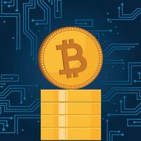 illustration of a bitcoin coin on a pile of coins with a technological background vector