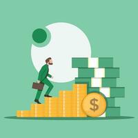 concept illustration of businessman achieving success. man in suit climbing stairs to the sky vector