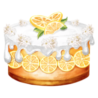 Lemon pie dessert. Cake with flowers, glaze and cream Hand drawn watercolor illustration for menu and packaging design, window dressing, printing on tableware, making stickers and embroidery scheme. png