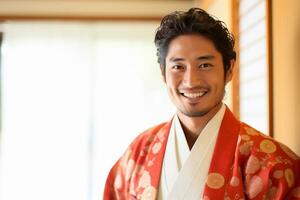 japanese man wearing a hakama and smiling bokeh style background photo