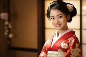 beautiful japanese nationality female smiling and wearing kimono portraits bokeh style background photo