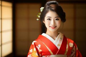 hermosa japonés nacionalidad hembra sonriente y vistiendo kimono retratos bokeh estilo antecedentes foto