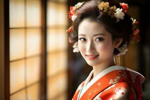 hermosa japonés nacionalidad hembra sonriente y vistiendo kimono retratos bokeh estilo antecedentes foto