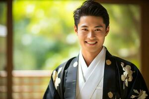 japonés hombre vistiendo un hakama y sonriente bokeh estilo antecedentes foto