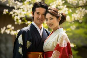 casado japonés Pareja sonriente posando juntos en tradicional ropa kimono y hakama bokeh estilo antecedentes foto