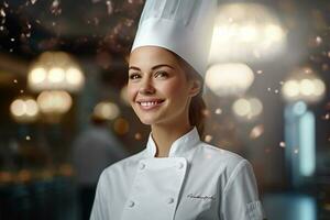 woman chef smiling in front of cuisine photo