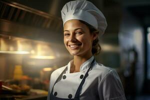 woman chef smiling in front of cuisine photo