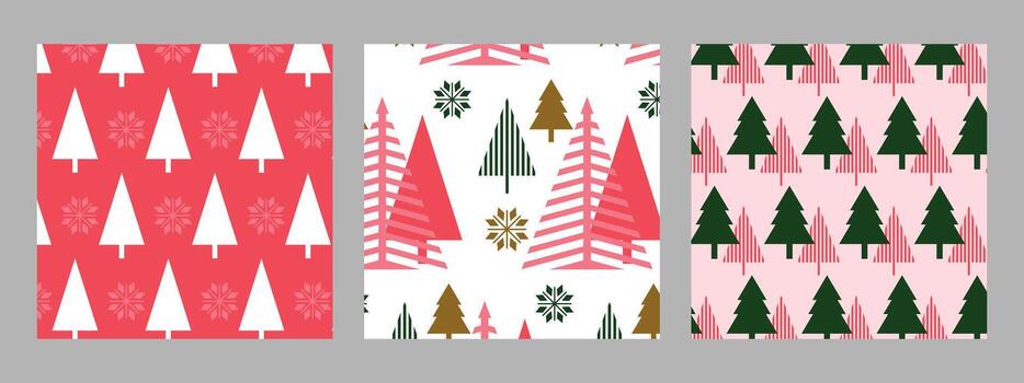 Three seamless winter patterns with geometric Christmas trees. Christmas and New Year design. Patterns on the swatch panel. vector