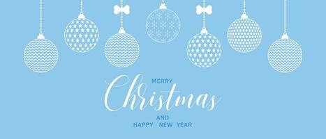 Merry Christmas and Happy New Year greetings on a blue background with New Year's balls. vector