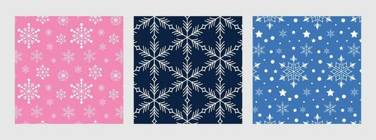 Set of winter seamless patterns with snowflakes. Background of snowflakes on pink, blue and light blue. vector