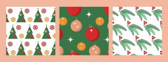 Three New Year and Christmas seamless patterns. Festive design with Christmas trees and balls. vector