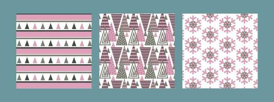 Three seamless New Year and Christmas patterns in Scandinavian style. vector