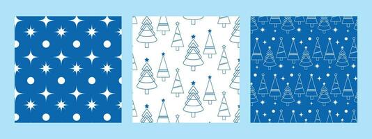 A set of New Year and Christmas seamless patterns in blue with fir trees. Patterns on the swatch panel. vector