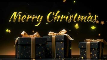 AI generated Merry christmas greetings with golden text on Black and gold gift boxes on black background. Banner Generetive AI video