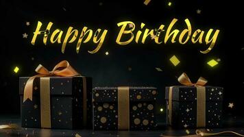 AI generated Happy birthaday greetings with golden text on Black and gold gift boxes on black background. Banner Generetive AI video