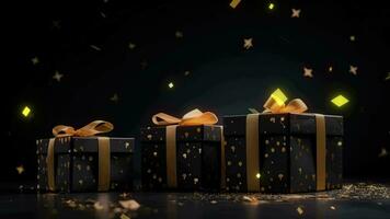 AI generated Black and gold gift boxes on black background with highlights. Banner Generetive AI video