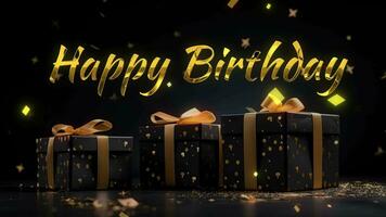 AI generated Happy birthaday greetings with golden text on Black and gold gift boxes on black background. Banner Generetive AI video