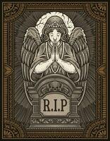 Illustration vector angels praying at the tombstone with engraving ornament frame