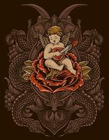 Illustration vector cupid angel playing guitar sitting on rose with engraving ornament