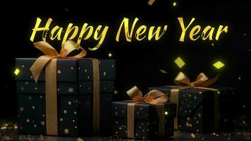 AI generated Happy new years greetings with golden text on Black  and gold gift boxes on black background. Banner Generetive AI video