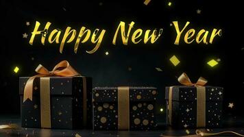 ai generiert glücklich Neu Jahre Schöne Grüße mit golden Text auf schwarz und Gold Geschenk Kisten auf schwarz Hintergrund. Banner generisch ai video