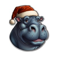 realistic illustartion christmas sticker of a hippo wearing santa's hat, ai generative png