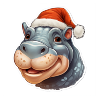 realistic illustartion christmas sticker of a hippo wearing santa's hat, ai generative png