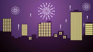 New year cityscape vector illustration. Scenery of city with sparkling fireworks in new year event. City panorama for illustration, background or wallpaper