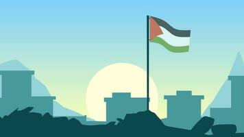 Palestine landscape vector illustration. Silhouette of city in the morning with palestine flag. Landscape illustration of palestine for background or wallpaper