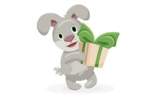 Vector little bunny is holding a gift. Gray rabbit holds a gift with a green bow. Rabbit with a gift