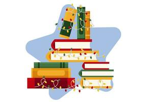 a stack of Christmas Books with bright garlands. I like to Read. New Year's stories and fairy tales. Vector illustration