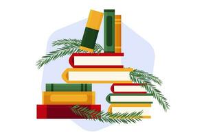 a stack of Christmas books with Christmas tree branches. I like to read. Fairy tales and stories about the New Year and Santa Claus. Vector illustration