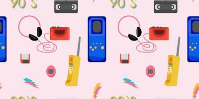 Seamless 80's 90's pattern with vintage items. hipster and colorful style. Vector illustration