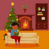 A pretty African-American woman is sitting on the couch in a room with a Book. Christmas interior. Christmas fairy tales and stories. Vector illustration. the new year is coming soon