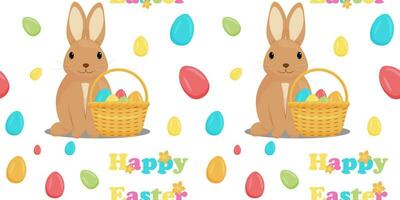 seamless pattern happy easter. A rabbit with a basket and Easter eggs. egg hunt. vector illustration