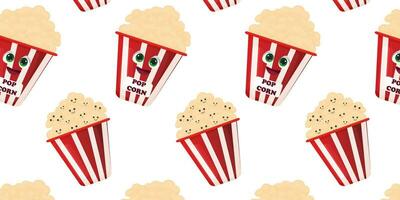 Seamless Pattern Delicious Popcorn in a red bucket. snacks at the cinema, circus. Vector illustration. Popcorn Day.