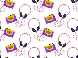 Seamless pattern in retro style. Audio player with headphones. Vector illustration
