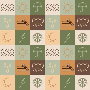 Geometric seamless pattern with weather symbols. Checked pattern in Boho colors with cute drawings. Patchwork background for kids textile, packaging, design vector