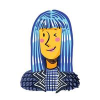 Cartoon art styled female character with blue hair and yellow skin isolated on square white background. Simple flat cartoony girl avatar portrait. vector