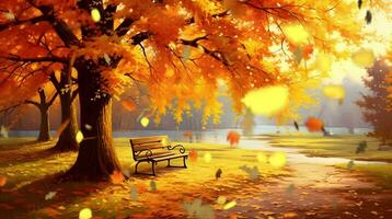 outono floresta visualizar. laranja folhas, bancos dentro a jardim com uma lindo visualizar. animação ilustração vídeo video