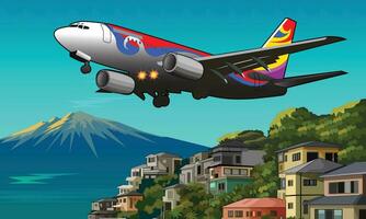 airplane flying over residential and mountain view in vector full color,, suitable for brochure leaflet, booklet.