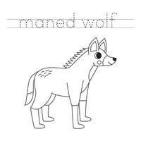 Trace the letters and color cartoon maned wolf. Handwriting practice for kids. vector