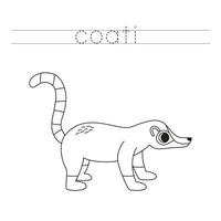 Trace the letters and color cartoon coati. Handwriting practice for kids. vector