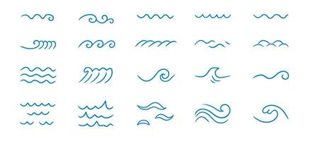 Wave sea line doodle icon set. Hand drawn sketch water wave outline. Simple curve, scribble aqua flow. Isolated vector